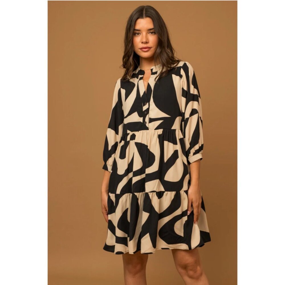 Abstract‎ Geometric Print Tiered Midi Shirt Dress Black White Medium Lagom
